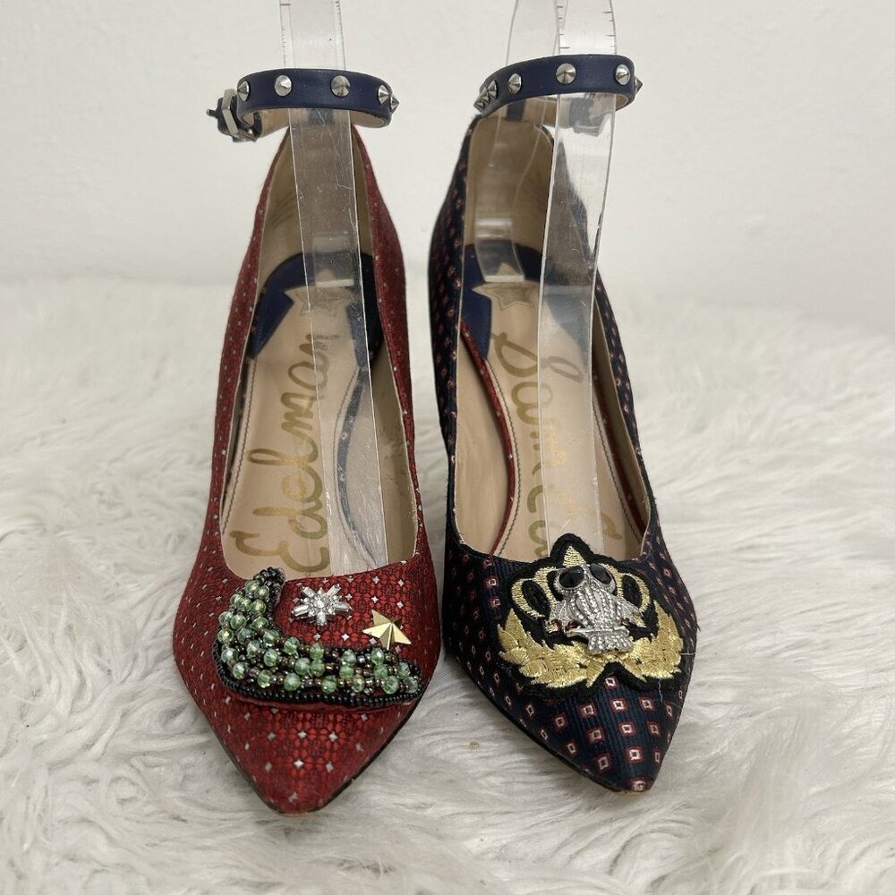 Sam Edelman Two-Tone Embellished Ankle-Strap Pointed Heels in Red and Navy - Picture 2 of 11